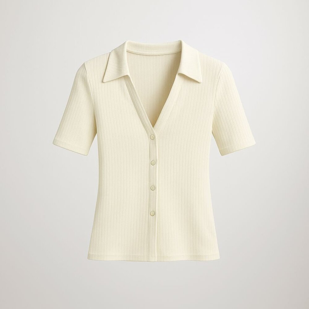 Madewell Cutaway Hem Polo Top Women XXS  Creme Fraiche Ivory SS Ribbed Button-Up